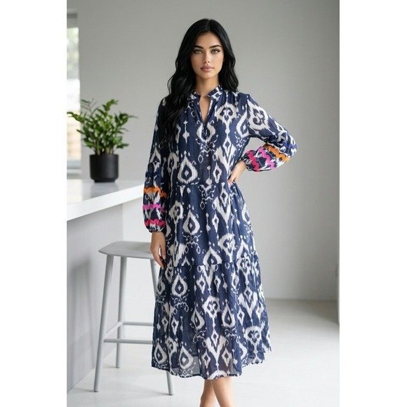 Vilagallo Dresses & Skirts - Vilagallo Navy Tammy Ikat Print Tiered Midi Dress Rickrack Trim Split Neck L